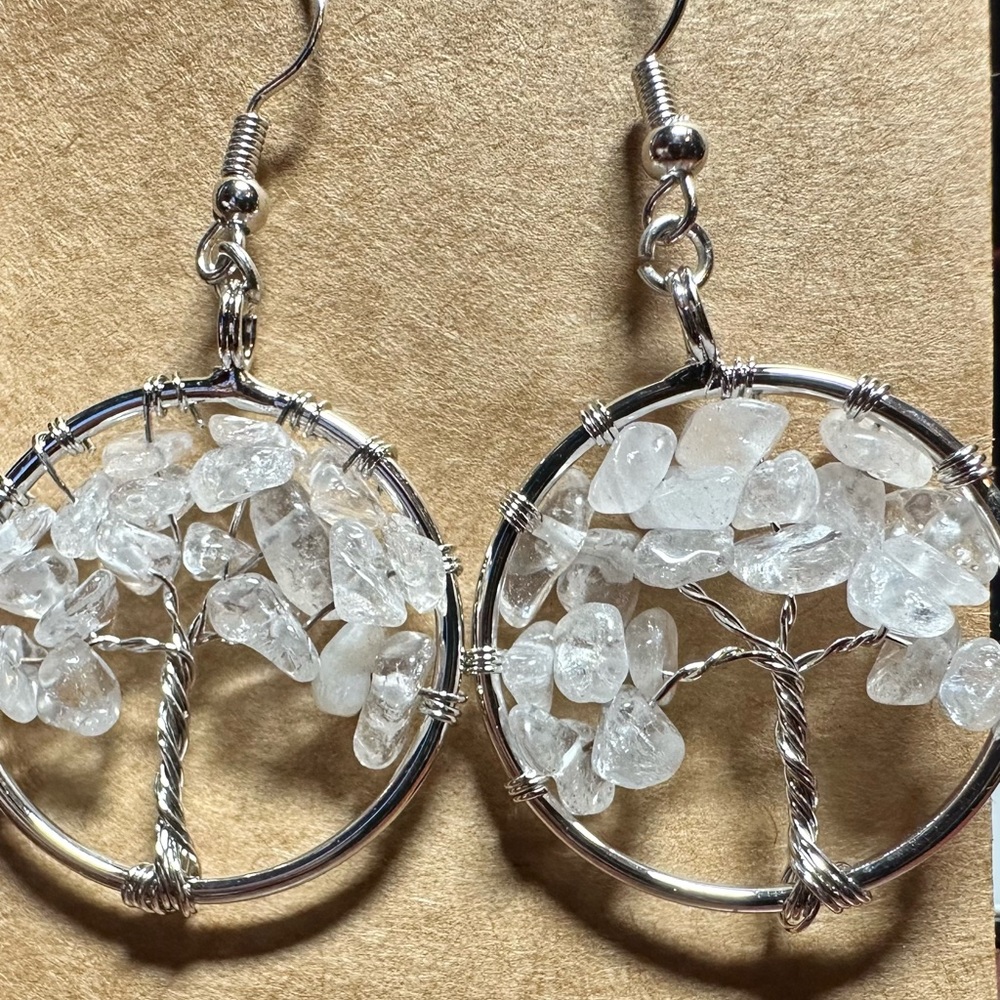 Clear Quartz. Chip Tree Of life Earrings. Stainless steel fish hook ear wires.